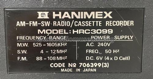 3 Band Radio Cassette Recorder HRC-3099; Hanimex Pty, Ltd.; (ID = 2664580) Radio