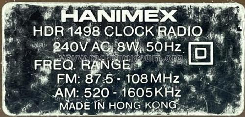 AM-FM Clock Radio HDR-1498; Hanimex Pty, Ltd.; (ID = 3092088) Radio