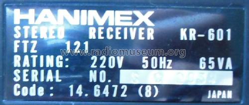 AM/FM Stereo Receiver KR-601 Code 14.6472 ; Hanimex Pty, Ltd.; (ID = 2922128) Radio