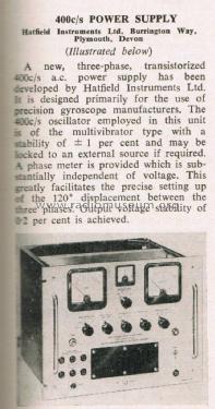400 c/s Power Supply ; Hatfield Instruments (ID = 2633095) Equipment