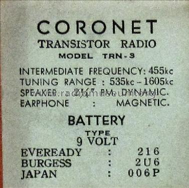 All Transistor TRN-3; Coronet Arrow (ID = 1360289) Radio