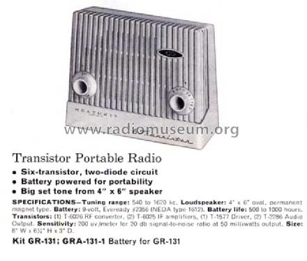 Transistor Portable Radio GR-131; Heathkit Brand, (ID = 756892) Radio