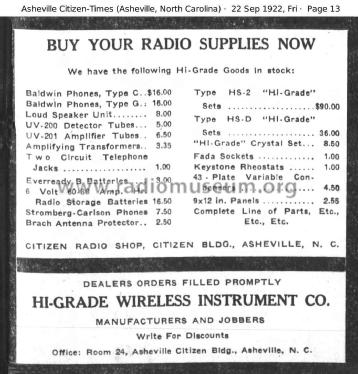 Hi Grade Crystal Set ; Hi-Grade Wireless (ID = 3003720) Galena