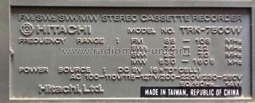 FM/SW2/SW1/MW Stereo Cassette Recorder TRK-7500W; Hitachi Ltd.; Tokyo (ID = 2273853) Radio