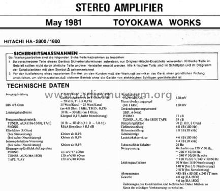 Stereo Amplifier HA-1800; Hitachi Ltd.; Tokyo (ID = 1785254) Ampl/Mixer