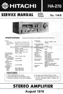 Stereo Amplifier HA-270; Hitachi Ltd.; Tokyo (ID = 1785291) Ampl/Mixer