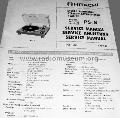 Stereo Turntable PS-8; Hitachi Ltd.; Tokyo (ID = 1645952) R-Player