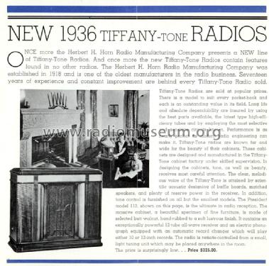 Tiffany Tone 113 President; Horn Radio Mfg. Co., (ID = 1711472) Radio