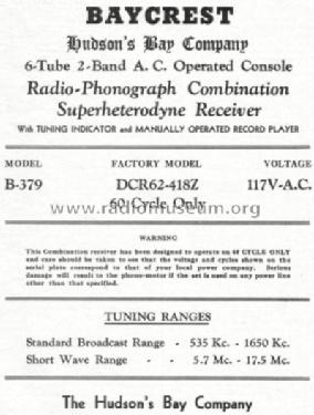 Baycrest B-379 DCR62-418Z; Hudson's Bay Company (ID = 799083) Radio