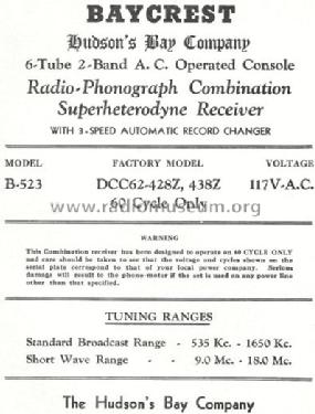 Baycrest B-523 DCC62-428Z ; Hudson's Bay Company (ID = 798355) Radio