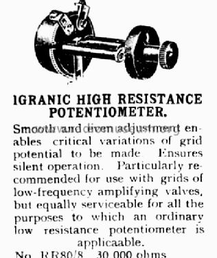 High Resistance Potentiometer ; Igranic Electric Co. (ID = 671754) Radio part