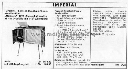 Manuela Ch= 412 TV-Ch= 1223 Super Automatic; Imperial Rundfunk (ID = 1601562) TV Radio