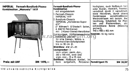 Manuela 19 FS-Ch= 1419 und RF-Ch= J611 Stereo; Imperial Rundfunk (ID = 2614183) TV Radio