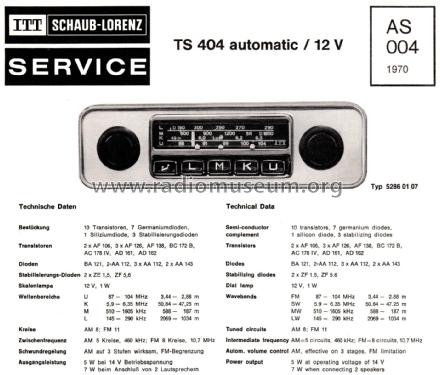 TS404 automatic 52860107; ITT Schaub-Lorenz (ID = 2706371) Car Radio