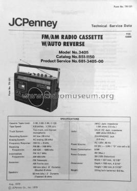 FM/AM Radio Cassette 3405 ; JCPenney, Penney's, (ID = 2845176) Radio