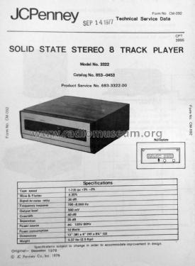 Solid State Stereo 8 Track Player 3322 ; JCPenney, Penney's, (ID = 2845107) Ton-Bild