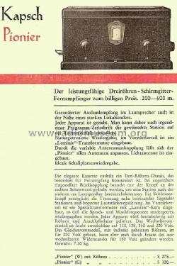 Pionier Lichtnetz-Dreiröhren-Schirmgitter-Fernempfänger Katalog Nr. 10080; Kapsch & Söhne KS, (ID = 817750) Radio