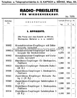 Einröhren Empfänger Reinartz Baby 1 Katalog Nr. 10033; Kapsch & Söhne KS, (ID = 2094867) Radio