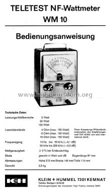 Teletest NF-Wattmeter WM10; Klein & Hummel; (ID = 2956066) Equipment