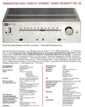 Telewatt Hi-Fi Stereo Tuner FM20; Klein & Hummel; (ID = 2953328) Radio