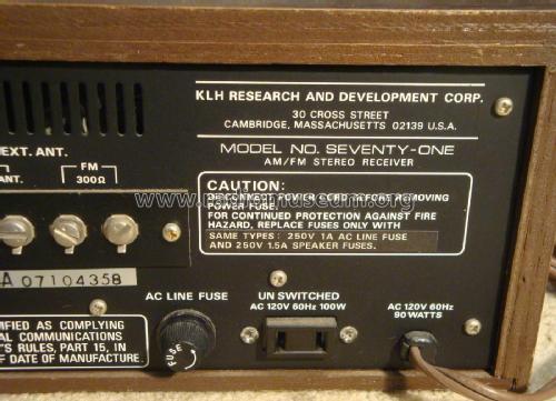 AM/FM Stereo Receiver Seventy-One ; KLH R&D Co.; (ID = 2767964) Radio