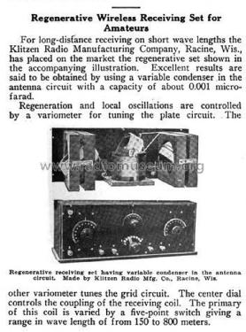 Klitzen Regenerative Receiving Set ; Klitzen Radio (ID = 1487833) mod-pre26