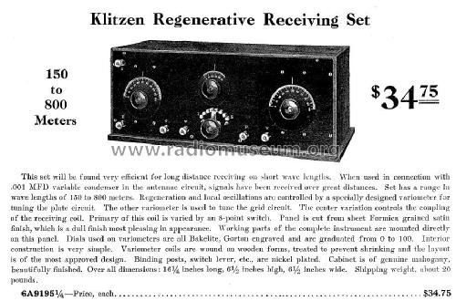 Klitzen Regenerative Receiving Set ; Klitzen Radio (ID = 977433) mod-pre26