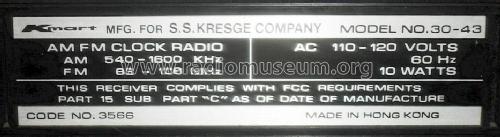 AM FM Clock-Radio 30-43 Code No. 3566; Kmart Corporation, S (ID = 1014802) Radio