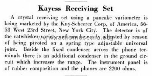 Kayess Crystal Radio ; KNY-Scheerer Corp. (ID = 1484715) Crystal