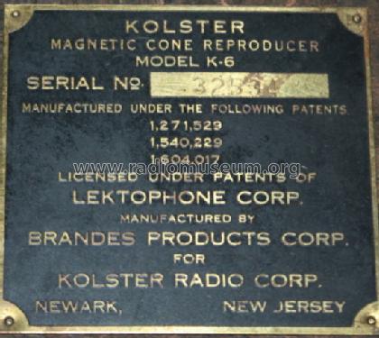 K-6; Kolster; USA (ID = 1292156) Parlante