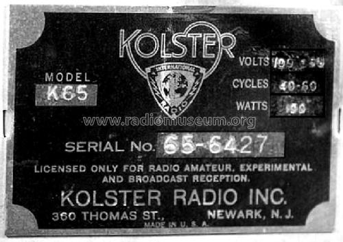 K65 ; Kolster; USA (ID = 1668548) Radio