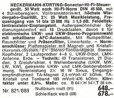 Hi-Fi-Steuergerät 50W Sonector 32578 Art. Nr. 821/888; Neckermann-Versand (ID = 978413) Radio