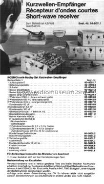 KOSMOtronik Hobby-Set: Kurzwellen-Empfänger HSKW / 64 6011; Kosmos, Franckh´sche (ID = 2399317) Kit