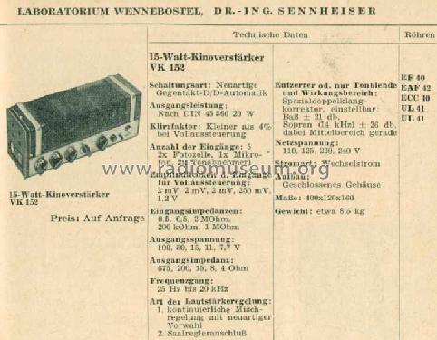 Labor W, 15-Watt-Kinoverstärker VK152; Sennheiser (ID = 510667) Ampl/Mixer