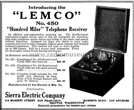 Hundred Miler Telephone Receiver No. 450; Lee Electric & Mfg. (ID = 1156050) Radio