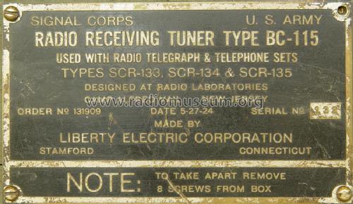 Radio Receiving Tuner Type BC-115; Liberty Electric (ID = 2258023) Radio