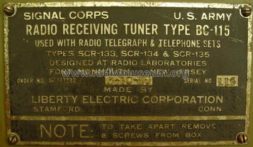 Radio Receiving Tuner Type BC-115; Liberty Electric (ID = 2258031) Radio