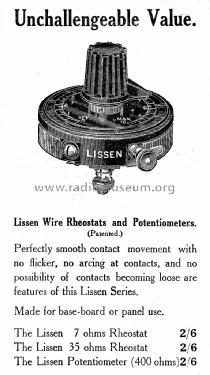 Filament Rheostat ; Lissen Ltd.; London (ID = 1300693) Radio part