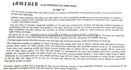 Integrated Amplifier, Class A I.A.20; Lowther (ID = 2799910) Ampl/Mixer