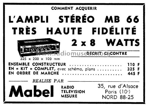 Amplificateur stéréophonique MB66; Mabel Radio, Paris (ID = 2746190) Ampl/Mixer