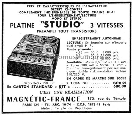 Adaptateur d'Enregistrement Stéréophonique Studio 3 vitesses; Magnétic-France; (ID = 2756732) R-Player