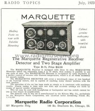 Marquette Regenerative Receiver Type R-75; Marquette Radio Corp (ID = 2039096) Radio