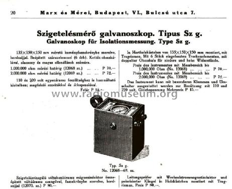 Szigetelésmérő galvanoszkóp Sz g. 12069; Marx és Mérei (ID = 2044461) Equipment