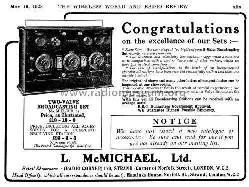 Two-Valve Broadcast Receiving Set MH.BR2A; McMichael Radio Ltd. (ID = 1075869) Radio