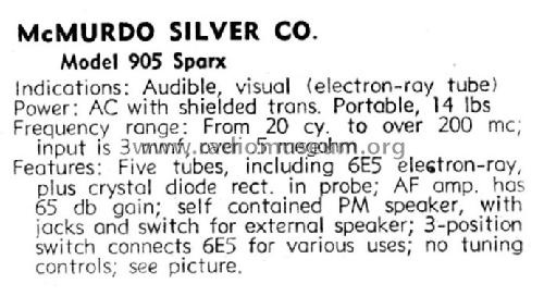 Signal Tracer 'SPARX' 905; McMurdo Silver Co., (ID = 1291753) Equipment