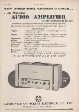 Audio Amplifier 243; Metropolitan-Vickers (ID = 3007383) Ampl/Mixer