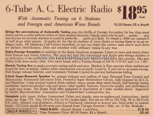 Airline 62-600 Order= P462 B600 ; Montgomery Ward & Co (ID = 1882251) Radio