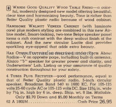 Airline 74WG-1802A Order= 62 A 1802M; Montgomery Ward & Co (ID = 2012155) Radio