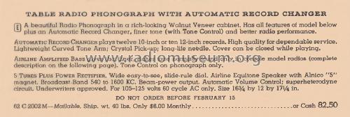 Airline 74WG-2002A Order= 62 C 2002 M ; Montgomery Ward & Co (ID = 1990890) Radio