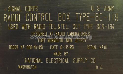 Radio Control Box Type BC-119; National Electric (ID = 2253179) Militär